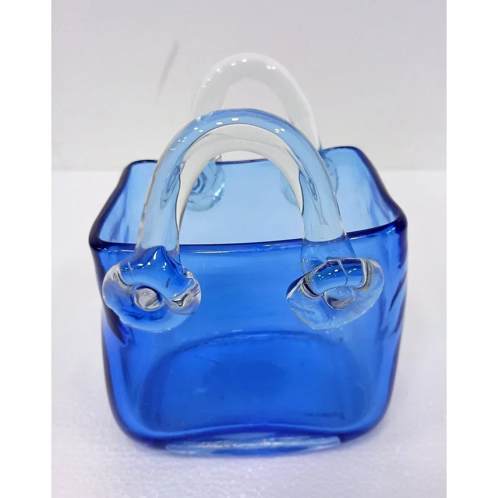 Vintage Art Glass Purse Decorative Vase Small Cobalt Blue Handbag Art Deco